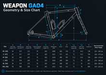 Load image into Gallery viewer, WEAPON GA04 gravel frameset geometry and size chart
